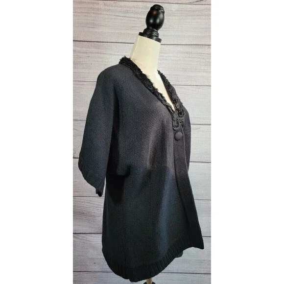 CHICO'S Flower Collar Knit Open Cardigan Black Size 3 (XL/16) - Picture 4 of 6